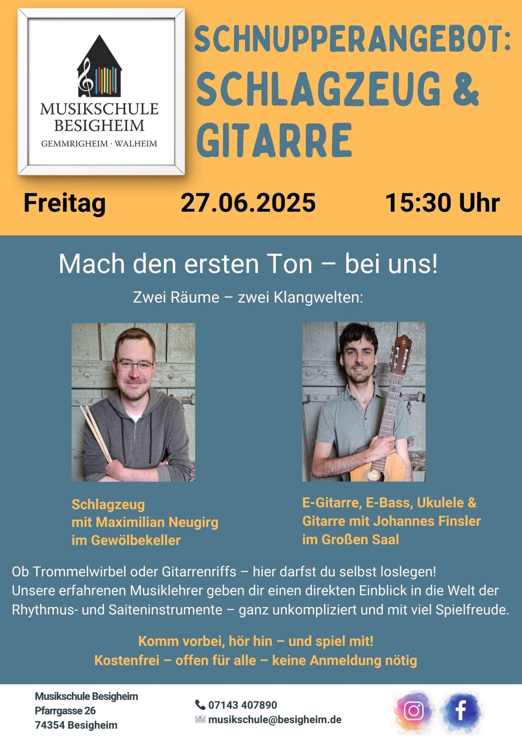 Schnupperangebot Schlagzeug Gitarre 27.06.2025 Maximilian Neugirg Johannes Finsler Plakat scaled