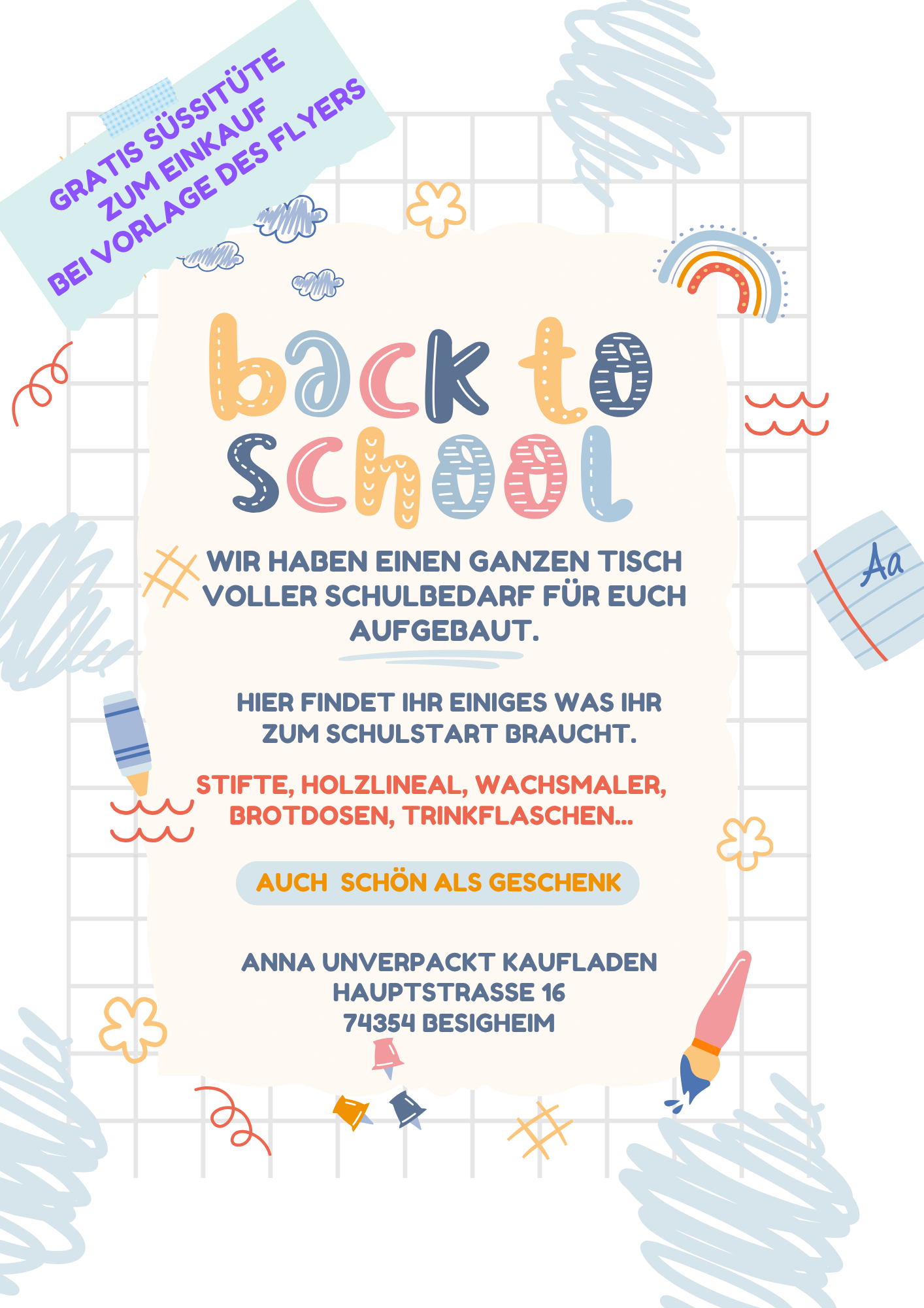 Wir haben einen ganzen Tisch voller Schulbedarf fuer euch aufgebaut. A4