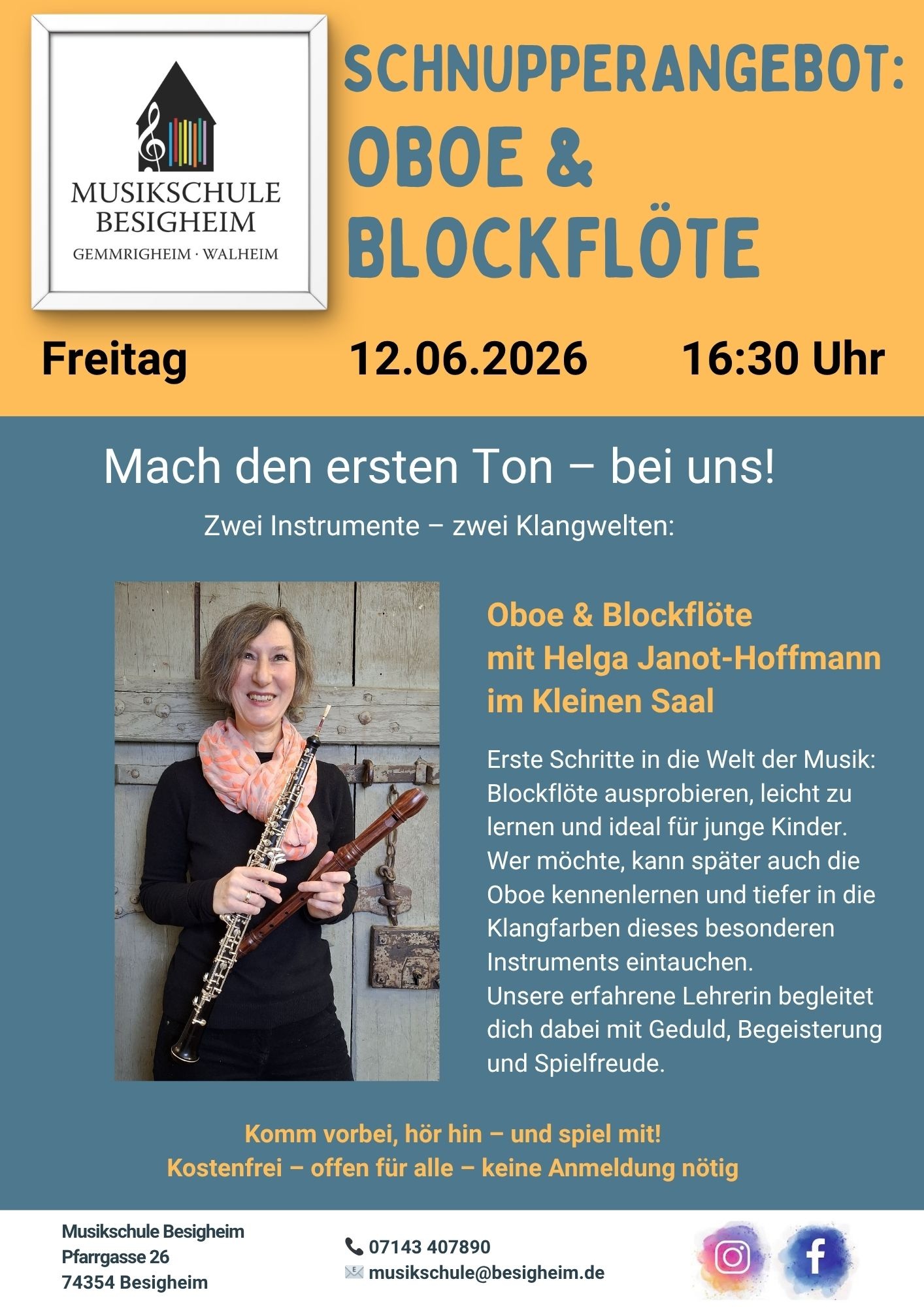 Schnupperangebot Oboe Blockfloete Helga Janot Hoffmann 12.06.2026 Plakat