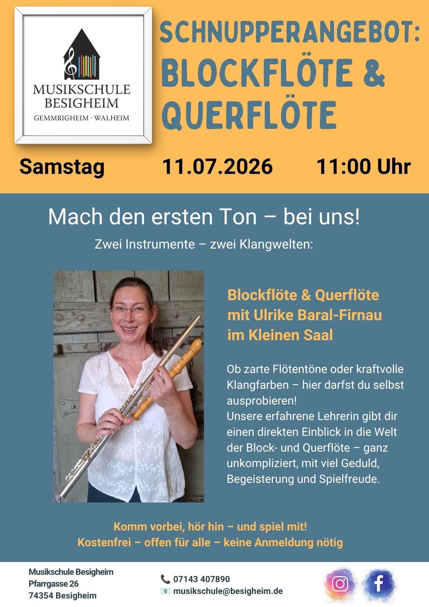 Schnupperangebot Querfloee Blockfloete 11.07.2026 Ulrike Baral Firnau Plakat